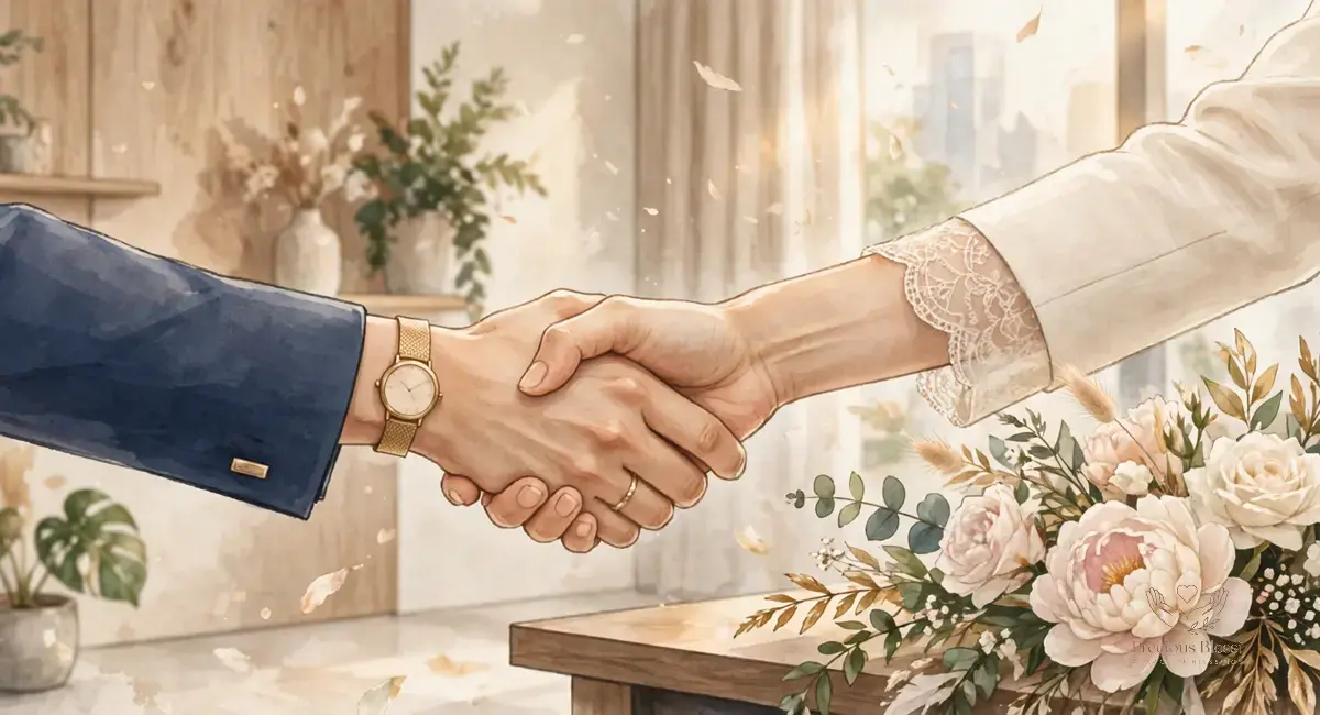 Wedding wishes for business contacts — a professional handshake with wedding flowers in a modern office