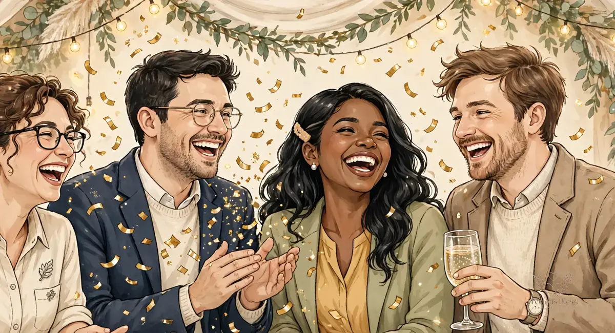 Funny wedding wishes for coworkers — laughing office colleagues celebrating with confetti at a wedding party