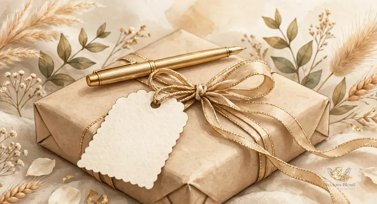 Short one-line wedding wishes for coworkers — a wedding gift tag with a pen on a wrapped present