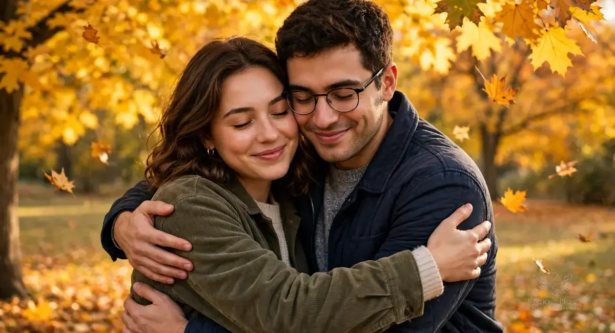Thanksgiving wishes for friends — two close friends sharing a warm hug under golden autumn trees