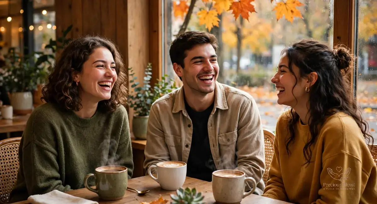 Short thanksgiving wishes for friends — friends laughing over coffee at a cozy autumn cafe