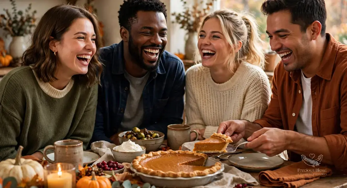 Funny thanksgiving wishes for friends — friends laughing while serving pumpkin pie