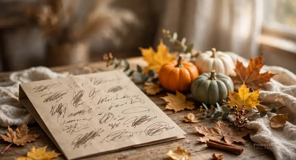 Thanksgiving wishes for friends — a handwritten Thanksgiving greeting card with autumn leaves and pumpkins