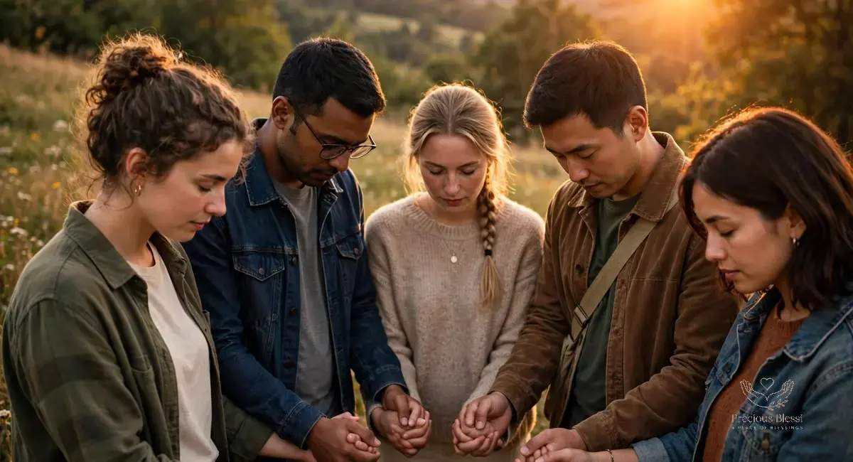 Thanksgiving wishes for friends — friends holding hands in prayer at golden sunset