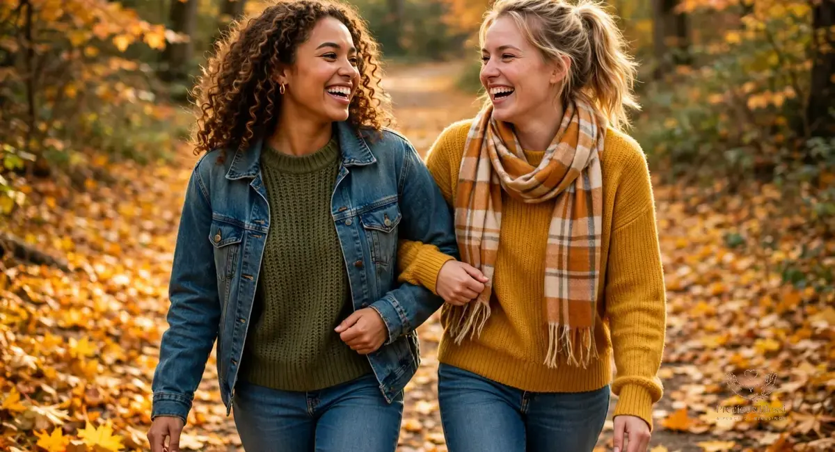 Thanksgiving wishes for friends — two best friends walking arm in arm along an autumn leaf path