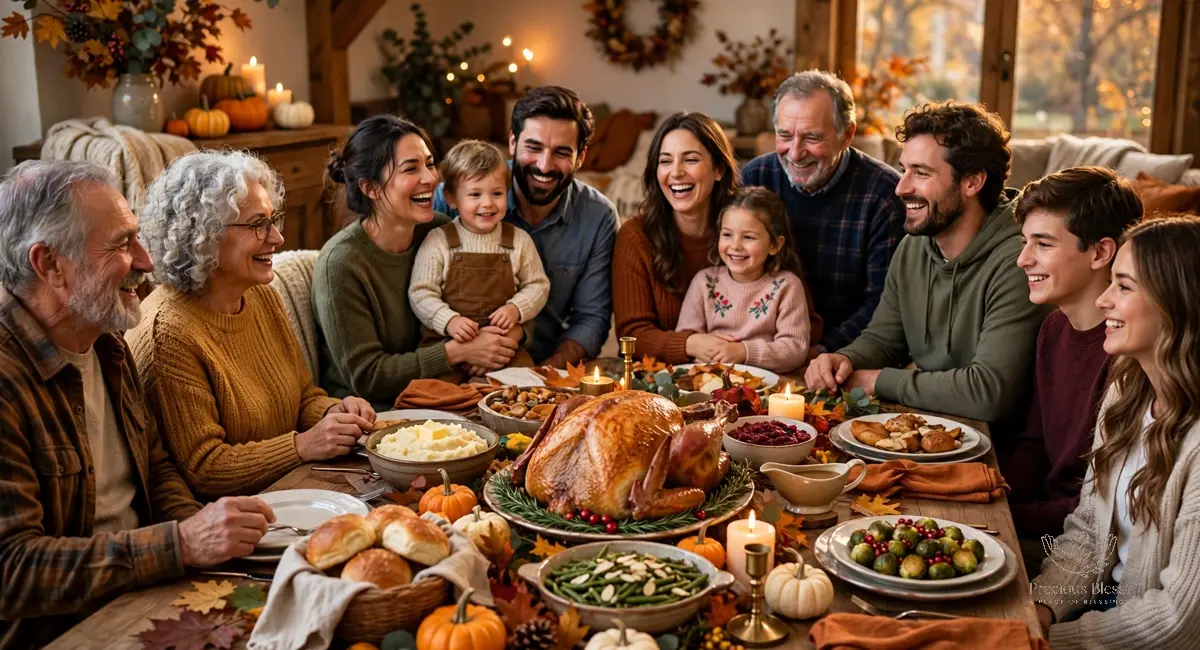 Thanksgiving quotes for family — a happy family Thanksgiving dinner table with turkey, pumpkins and autumn decor