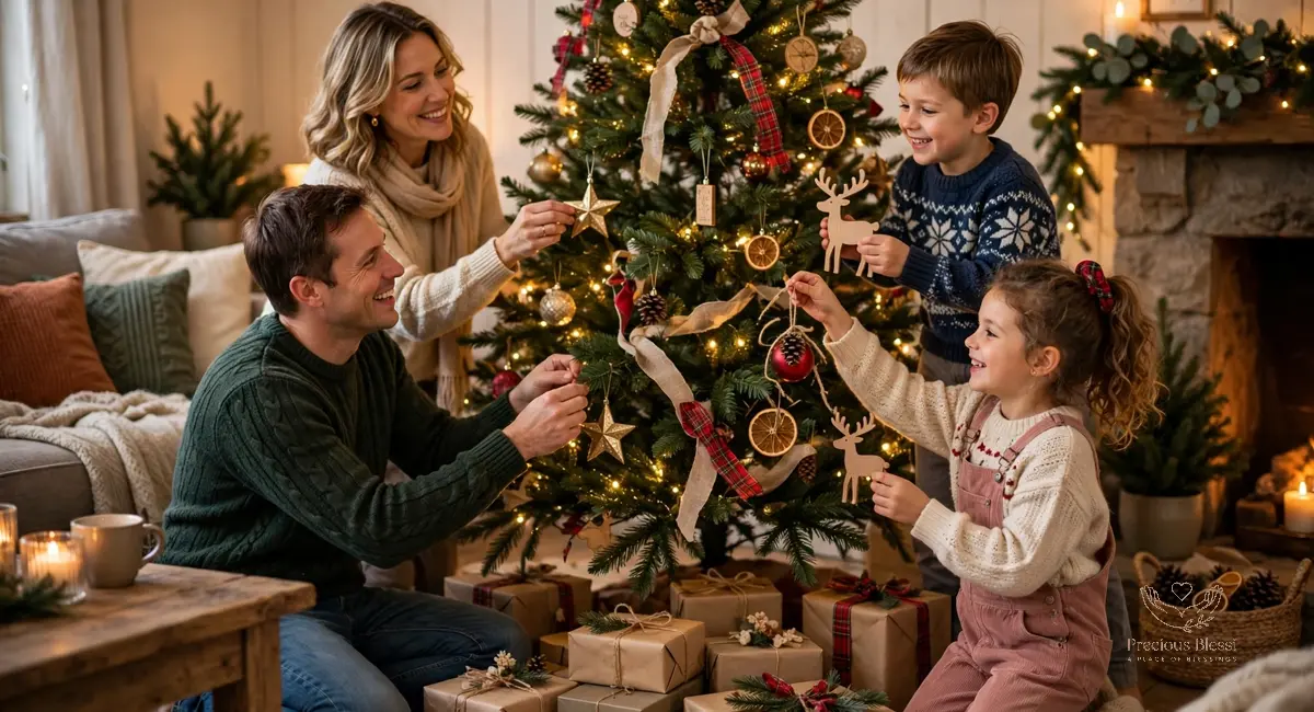 Christmas wishes for family — a happy family decorating a Christmas tree together in a cozy living room