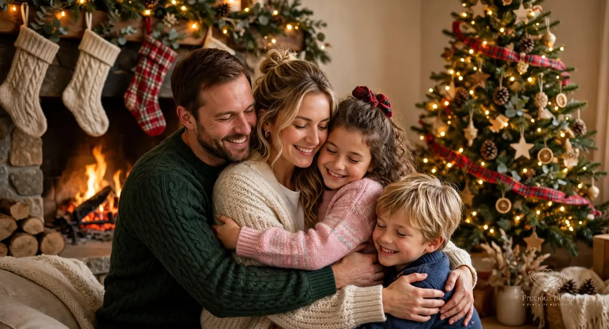 Christmas wishes for family — a family hug by a fireplace with a decorated Christmas tree