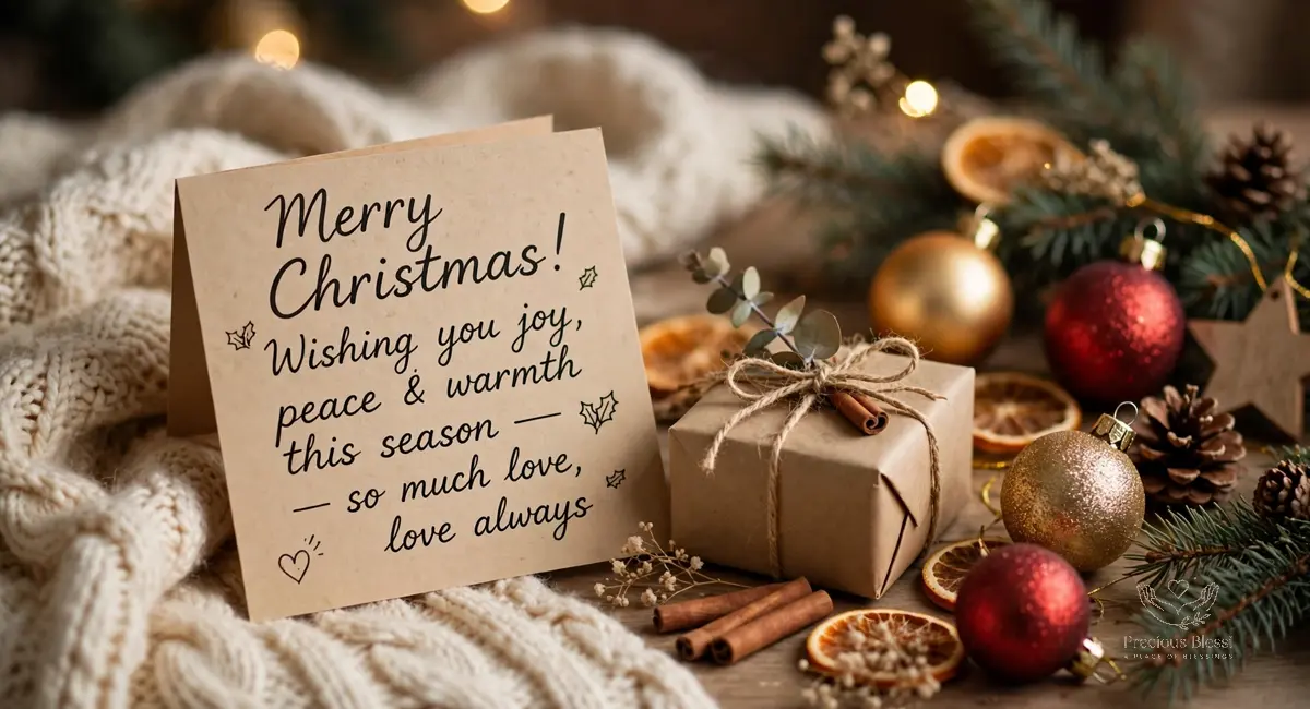 Short christmas wishes for family — a handwritten Christmas greeting card beside ornaments and a small gift