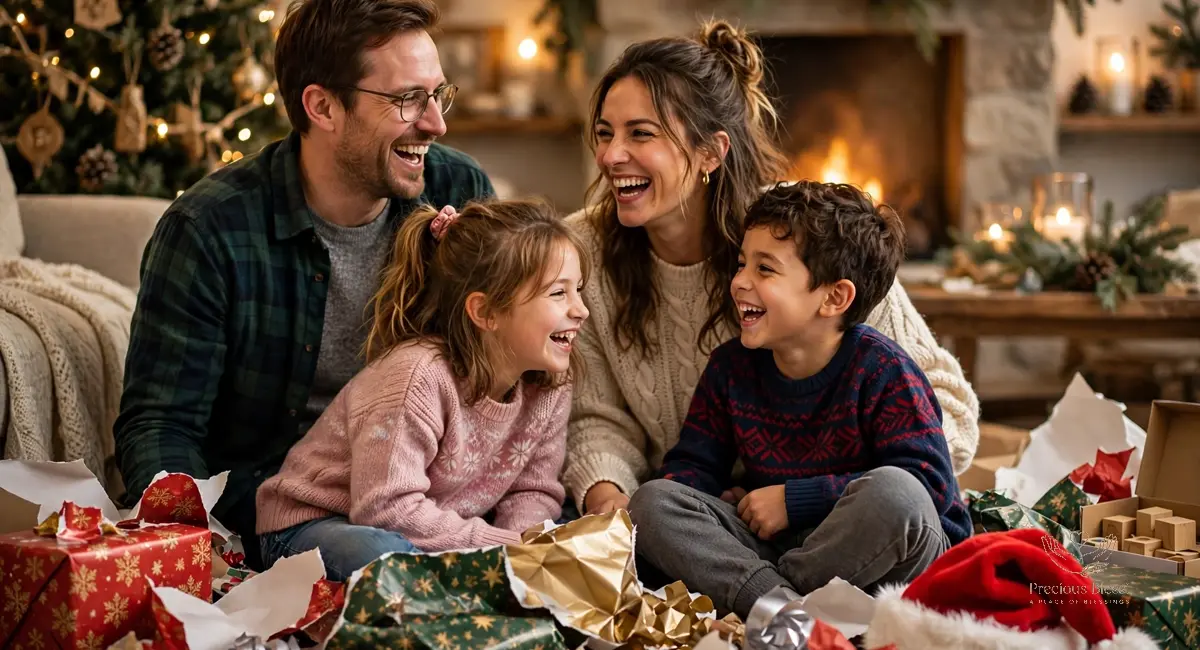 Funny christmas wishes for family — a family laughing together amid torn wrapping paper