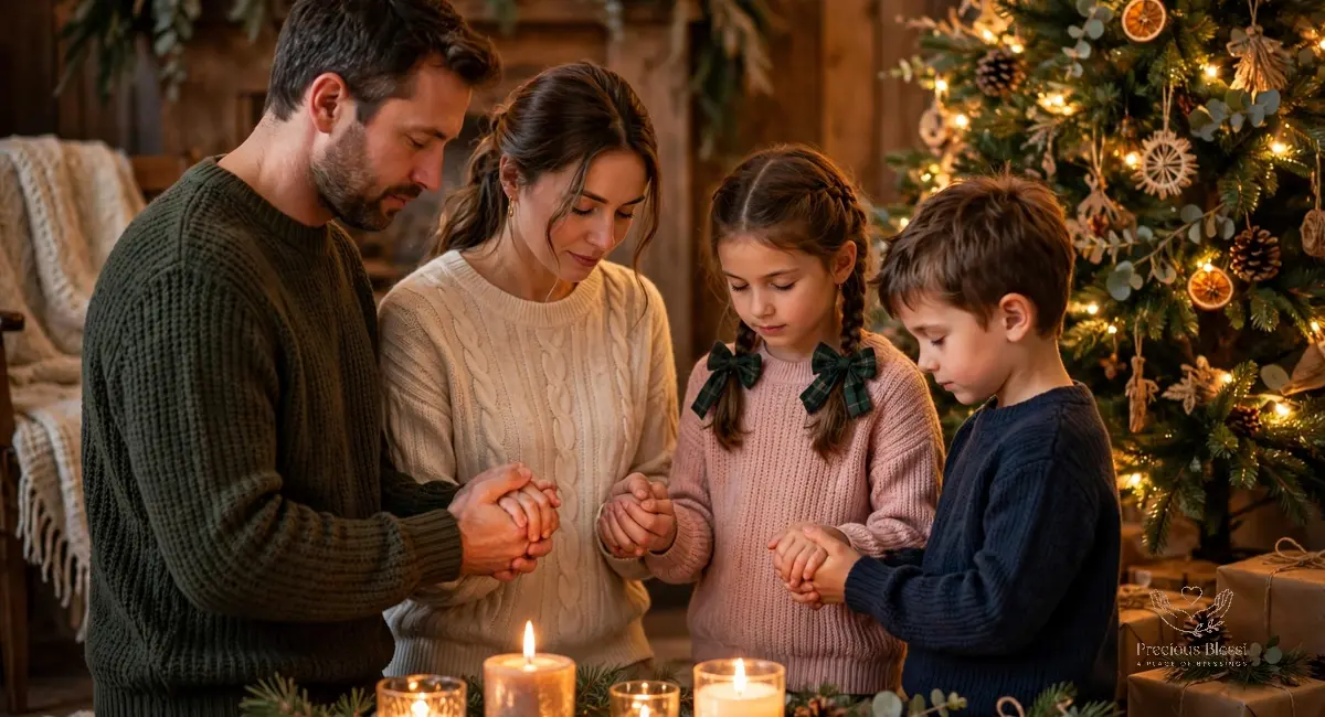 Christmas wishes for family — a family holding hands in prayer by candlelight near a Christmas tree