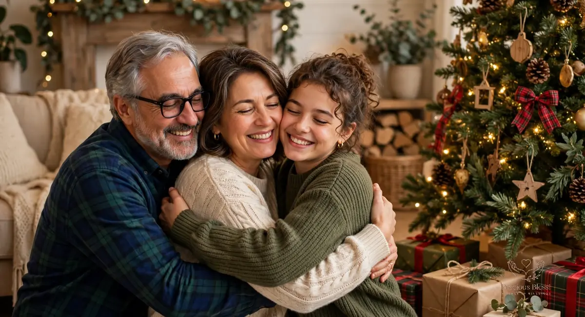 Christmas wishes for family — an adult child hugging their parents beside a Christmas tree with gifts