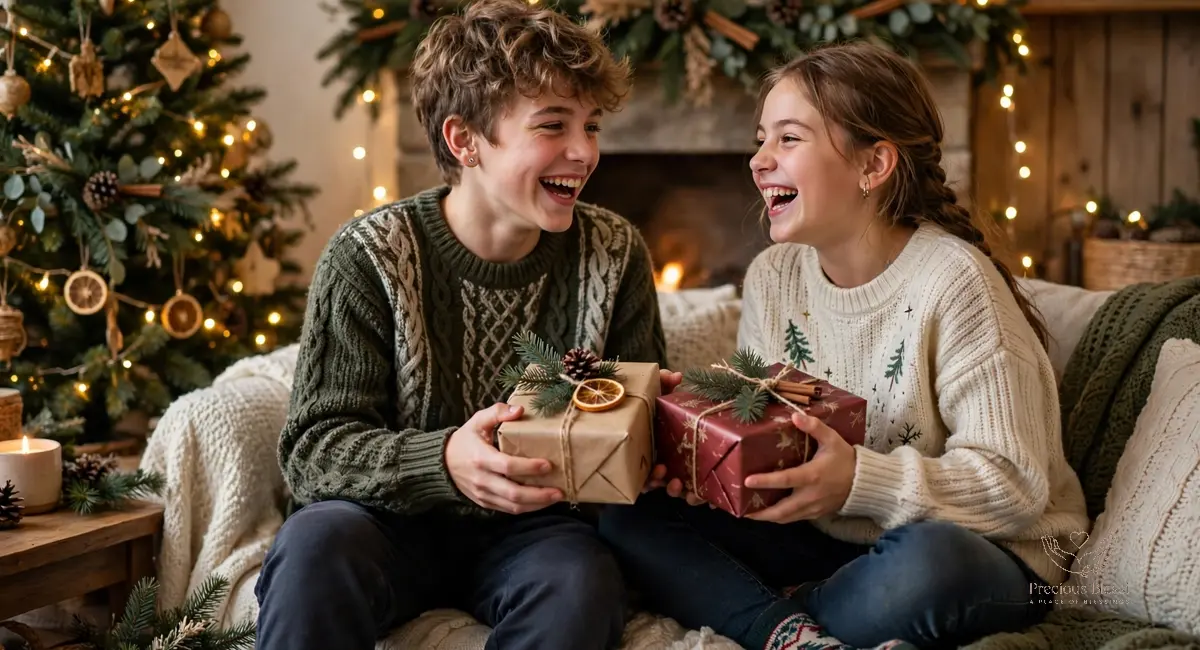 Christmas wishes for family — a brother and sister laughing while exchanging wrapped Christmas gifts