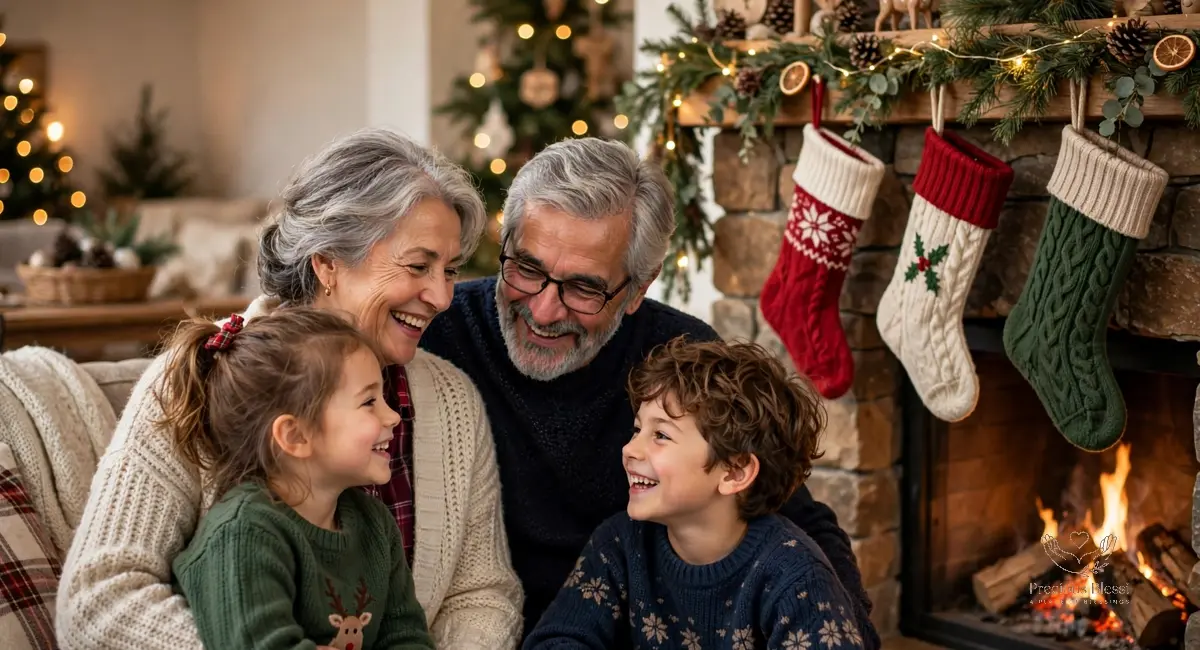 Christmas wishes for family — grandparents smiling with grandchildren beside a fireplace with stockings