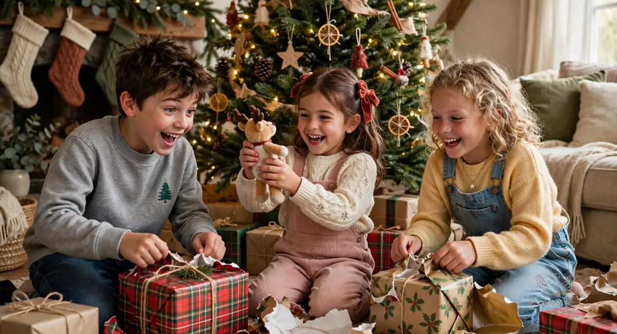 Christmas wishes for family — excited children opening presents under a Christmas tree on Christmas morning