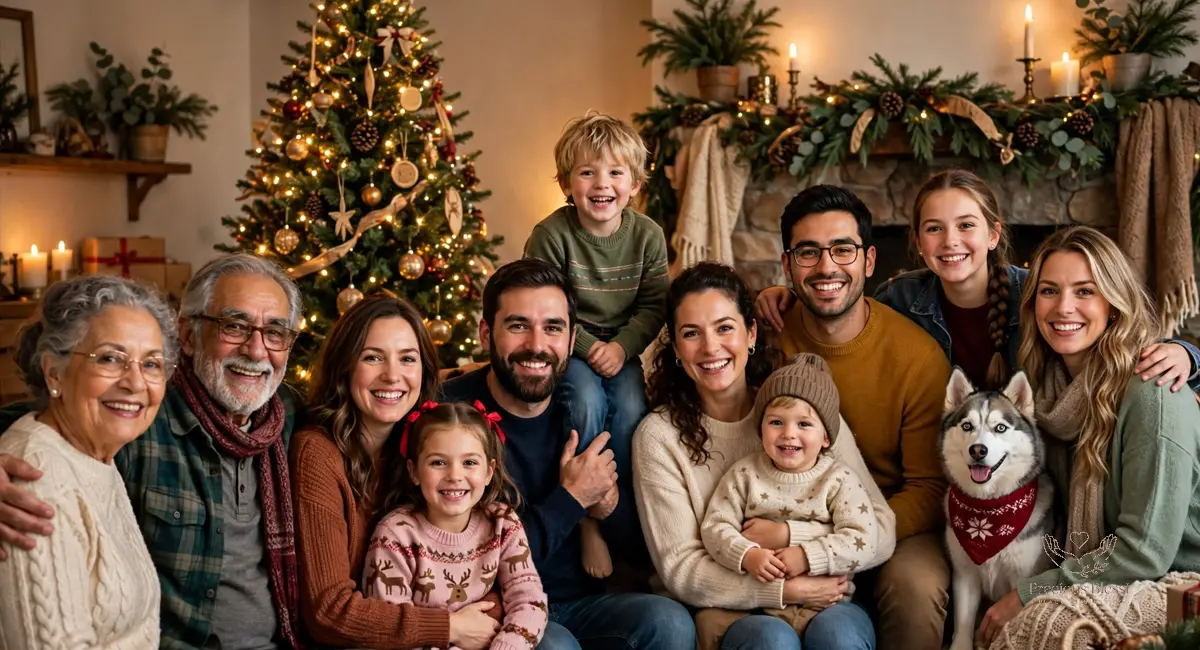 Christmas wishes for family — a large extended family gathered happily in front of a decorated Christmas tree