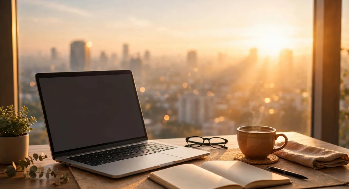 Congratulations wishes for new job — sunrise over a new work desk