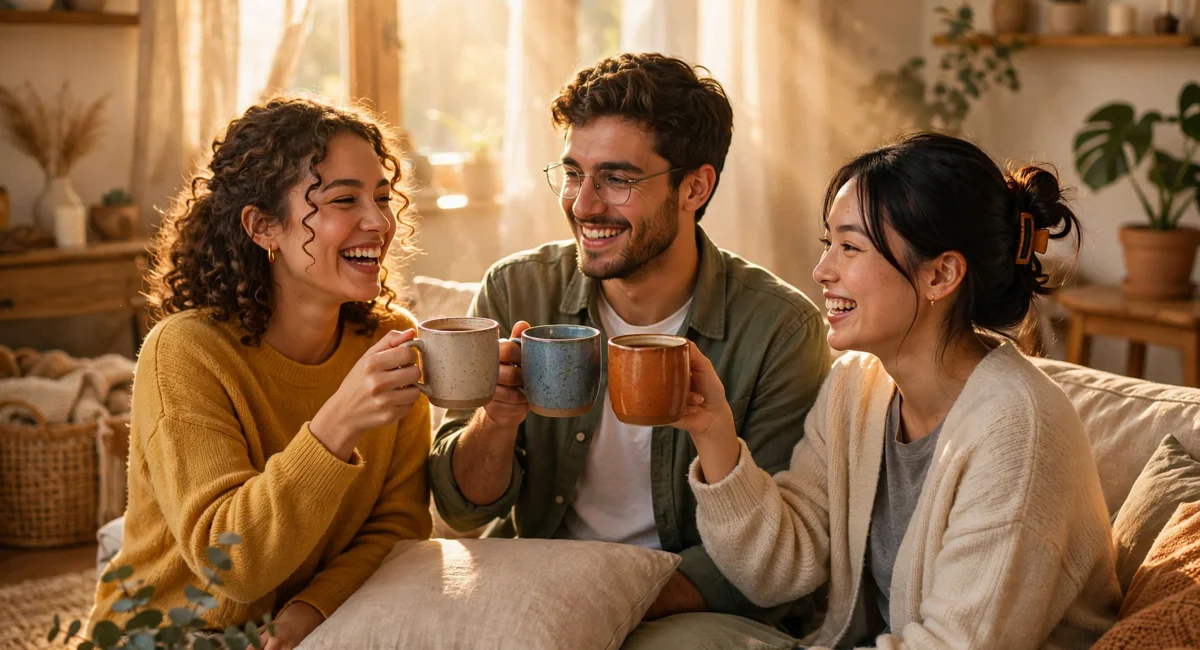 Congratulations wishes for new job — friends toasting with coffee mugs