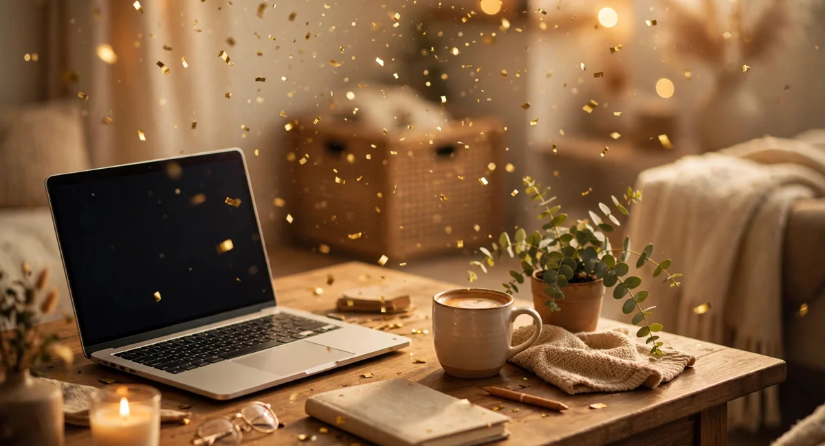 Congratulations wishes for new job — golden confetti over a home office desk
